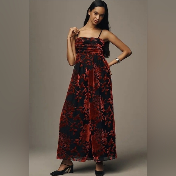 Anthropologie Hutch Mabel Red Black Floral Velvet Jumpsuit Size XL Wide Leg - Picture 13 of 14